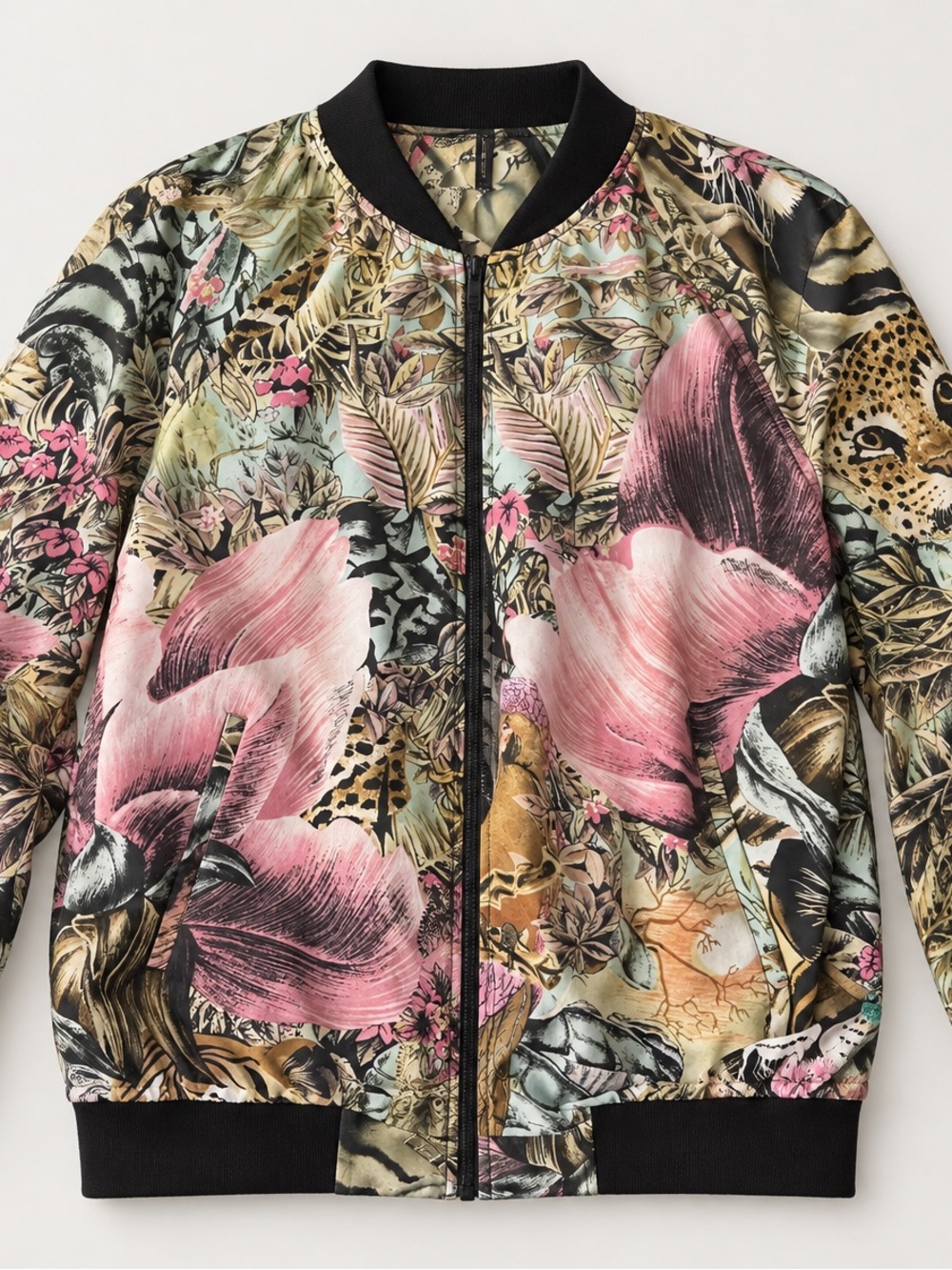 Scotch & Soda Pink Tiger Cheetah Floral Bomber Jacket with Black Trim